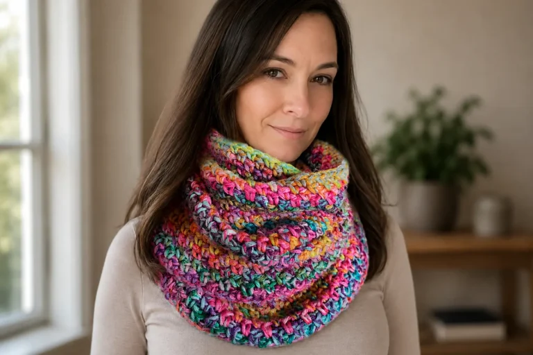 Mujer con jersey claro llevando un cuello de crochet multicolor tejido con puntos gruesos en interior luminoso