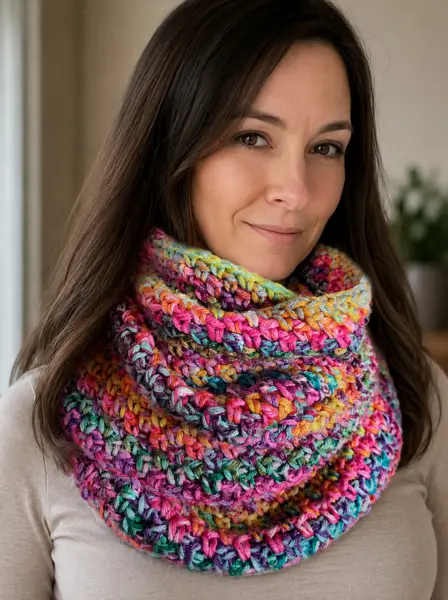 Mujer con jersey claro llevando un cuello de crochet multicolor tejido con puntos gruesos en interior luminoso