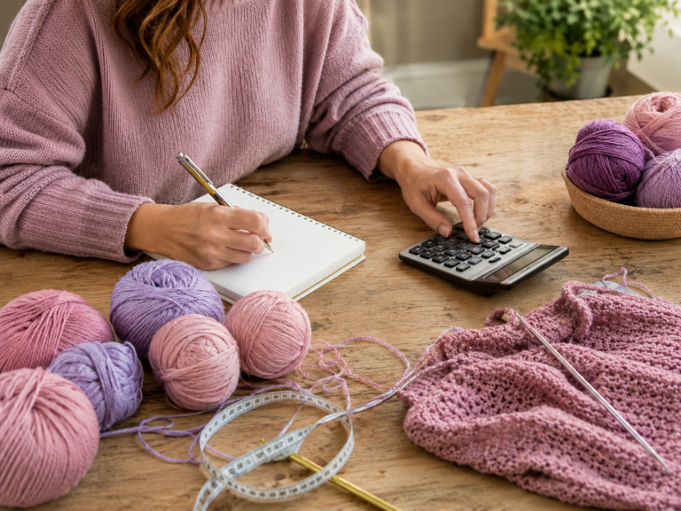 Imagen de una chica calculando en hilado necesario para un proyecto