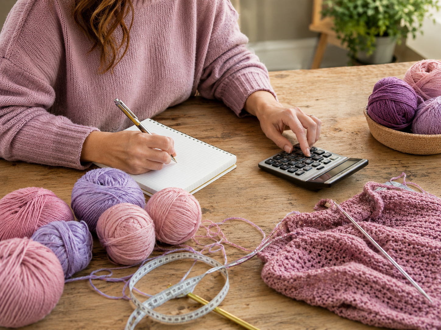 Imagen de una chica calculando en hilado necesario para un proyecto