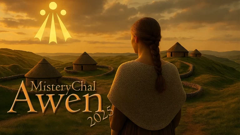 Chica celta de espaldas con un chal mirando al horizonte Misterychal Awen, Chal celta MysteryChal Awen inspirado en la naturaleza