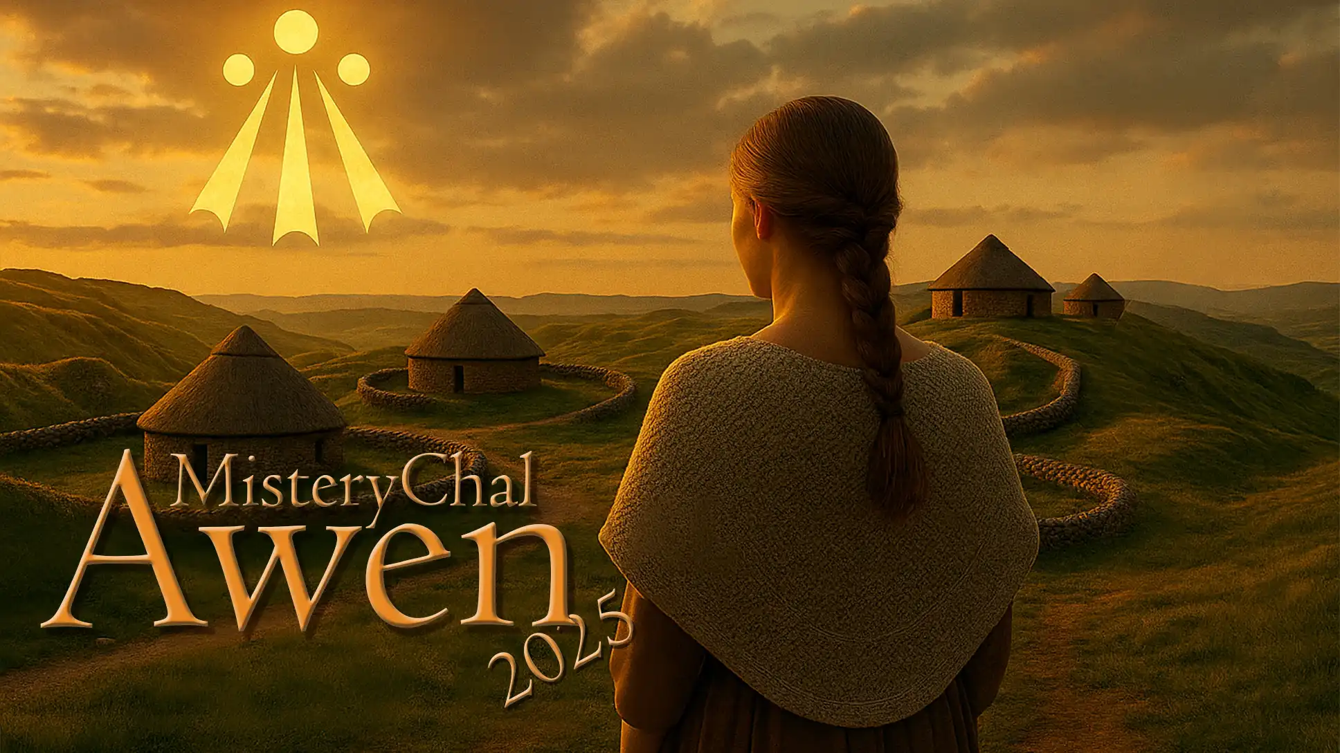 Chica celta de espaldas con un chal mirando al horizonte Misterychal Awen, Chal celta MysteryChal Awen inspirado en la naturaleza