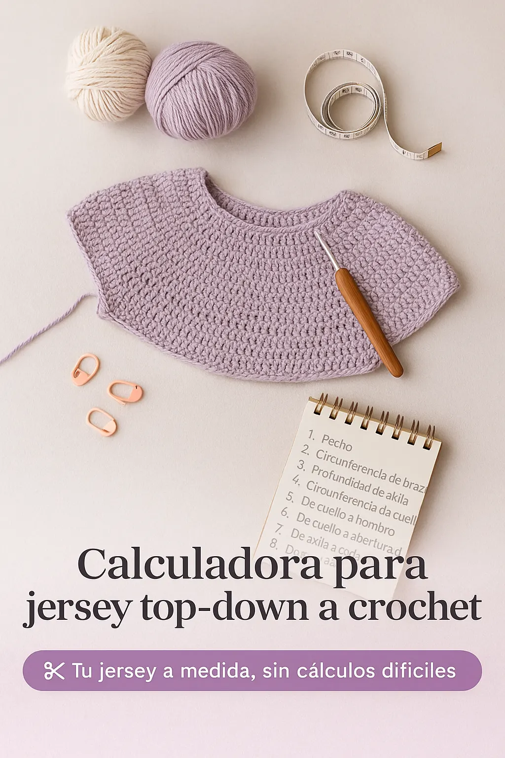 Imagen de un canesú circular tejido a crochet en color malva sobre una superficie beige. Alrededor hay ovillos de lana, una aguja de ganchillo, cinta métrica, marcadores de punto y una libreta con medidas escritas. Encima se lee el título “Calculadora para jersey top-down a crochet” y el subtítulo “Tu jersey a medida, sin cálculos difíciles”.