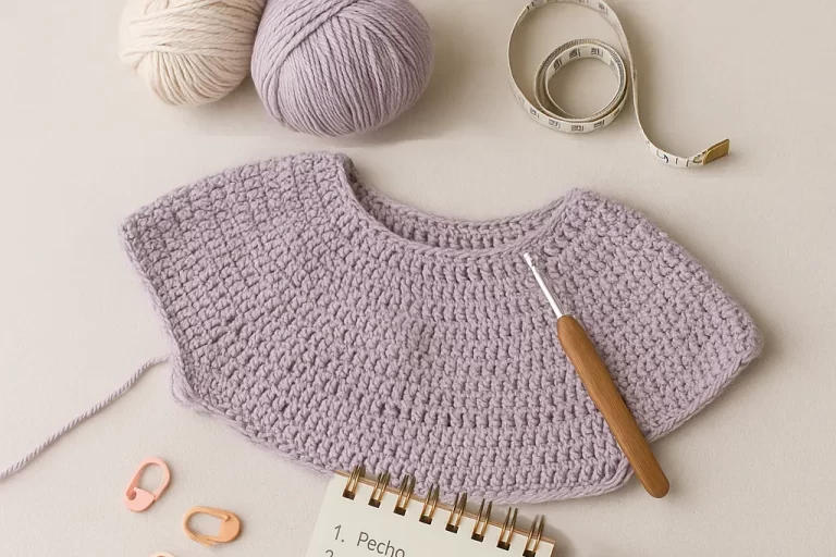 como tomar medidas jersey top-down canesú circular crochet, se ve canesú a ganchillo a medio tejer, con unos ovillos una cinta métrica y una libreta