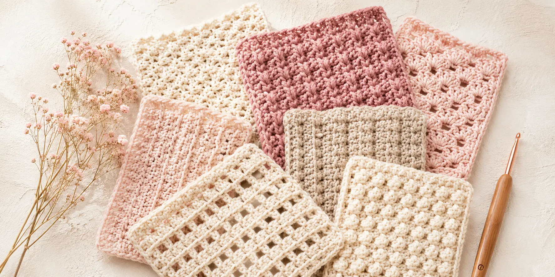 Muestras de crochet en tonos crema, beige, rosa suave y malva, tejidas con diferentes puntos y acompañadas de flores secas y un ganchillo de madera.