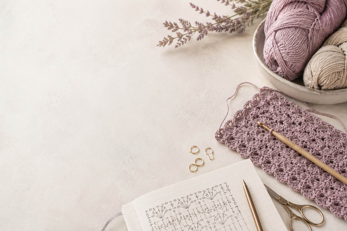 Mesa de trabajo con ganchillo, muestras de crochet, ovillos y gráficos para consultar recursos de crochet