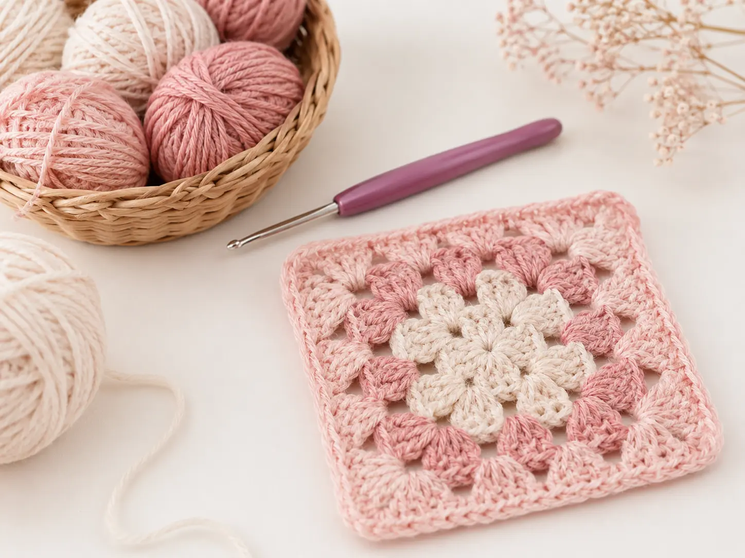 Granny square de crochet en tonos rosa y crema junto a ovillos y ganchillo. proyectos de crochet para principiantes.