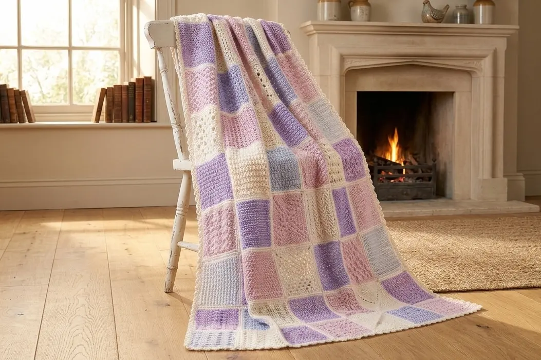 Manta afgana de crochet sobre silla blanca.