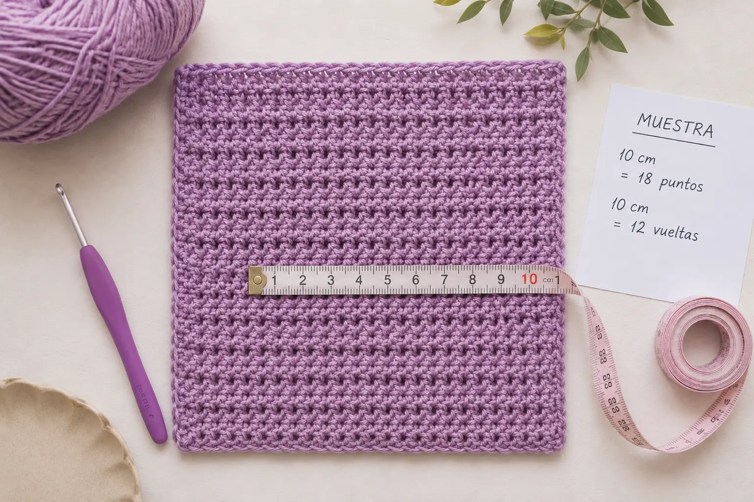 Muestra de crochet morada medida con cinta métrica horizontal sobre 10 cm, junto a un ganchillo, un ovillo y una nota con el recuento de puntos y vueltas